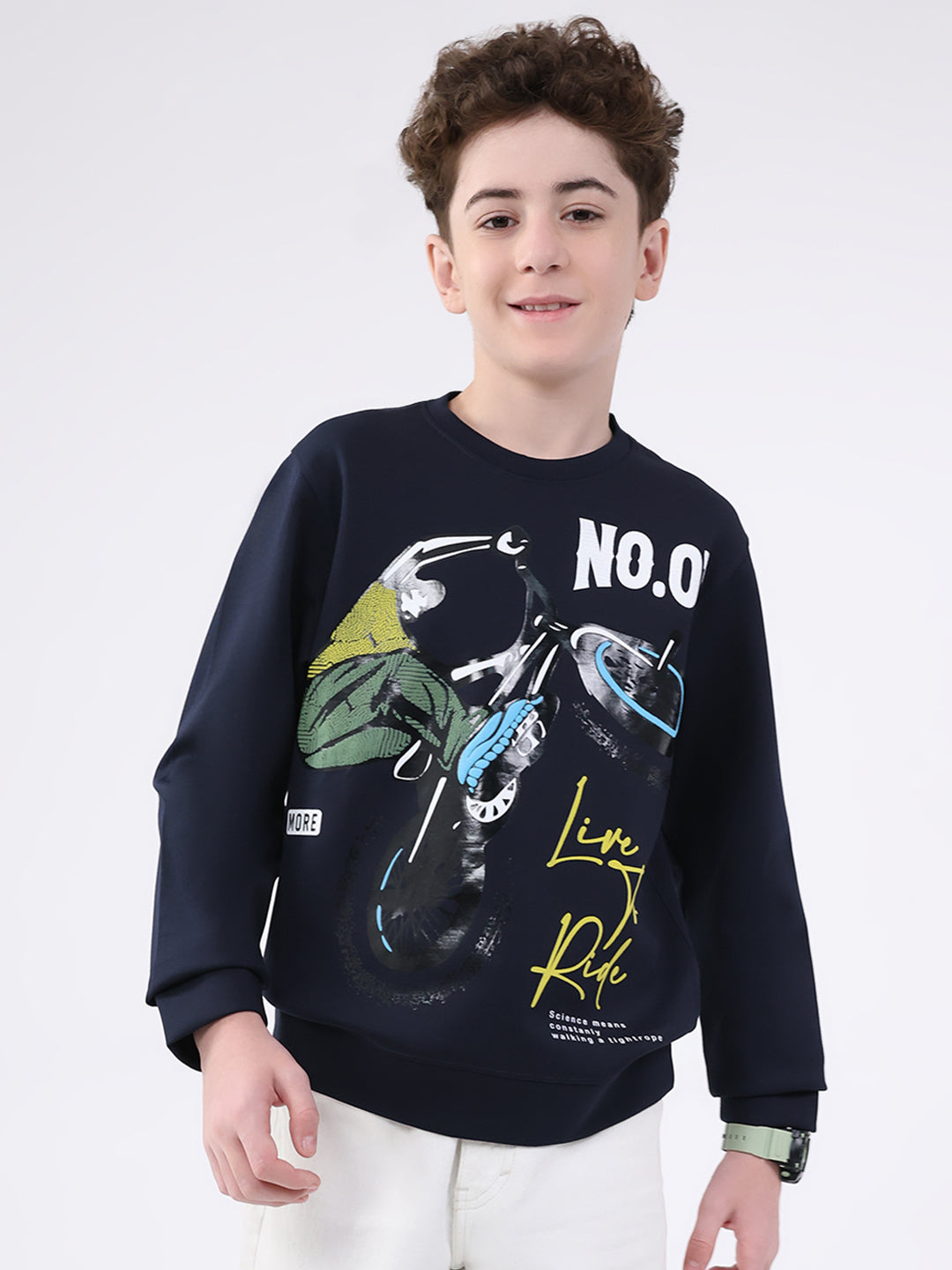 Boys Navy Blue Printed Round Neck Full Sleeve Sweatshirt