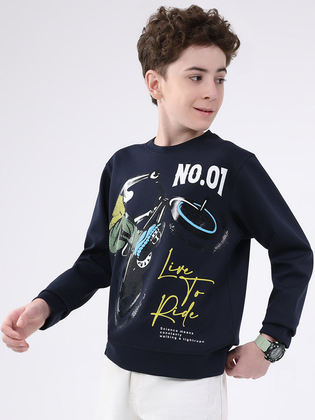 Boys Navy Blue Printed Round Neck Full Sleeve Sweatshirt