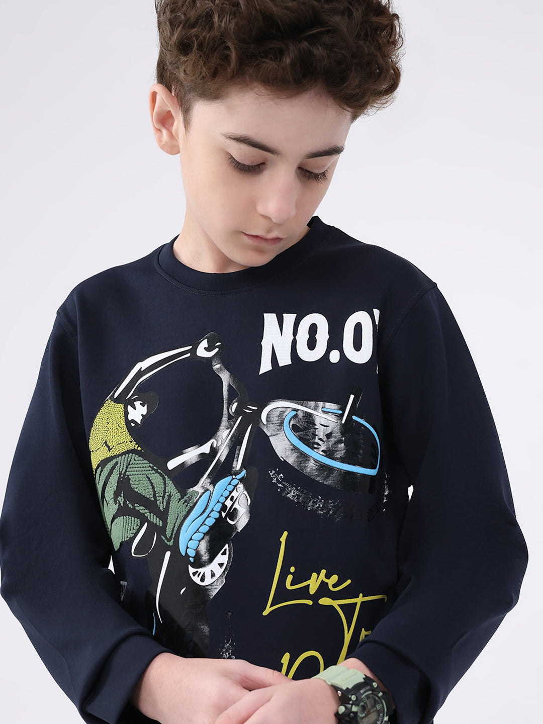 Boys Navy Blue Printed Round Neck Full Sleeve Sweatshirt