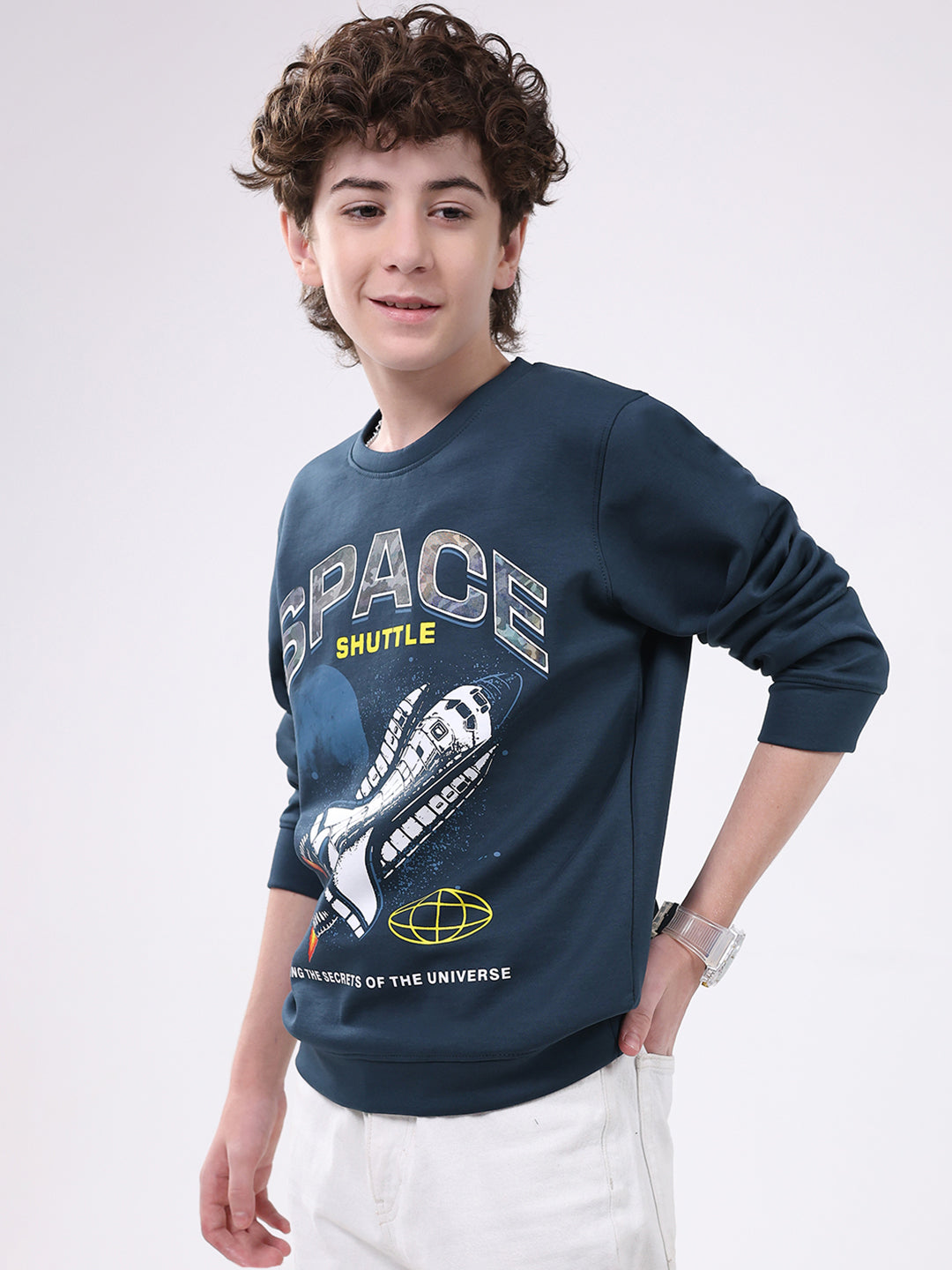 Boys Teal Blue Printed Round Neck Full Sleeve Sweatshirt