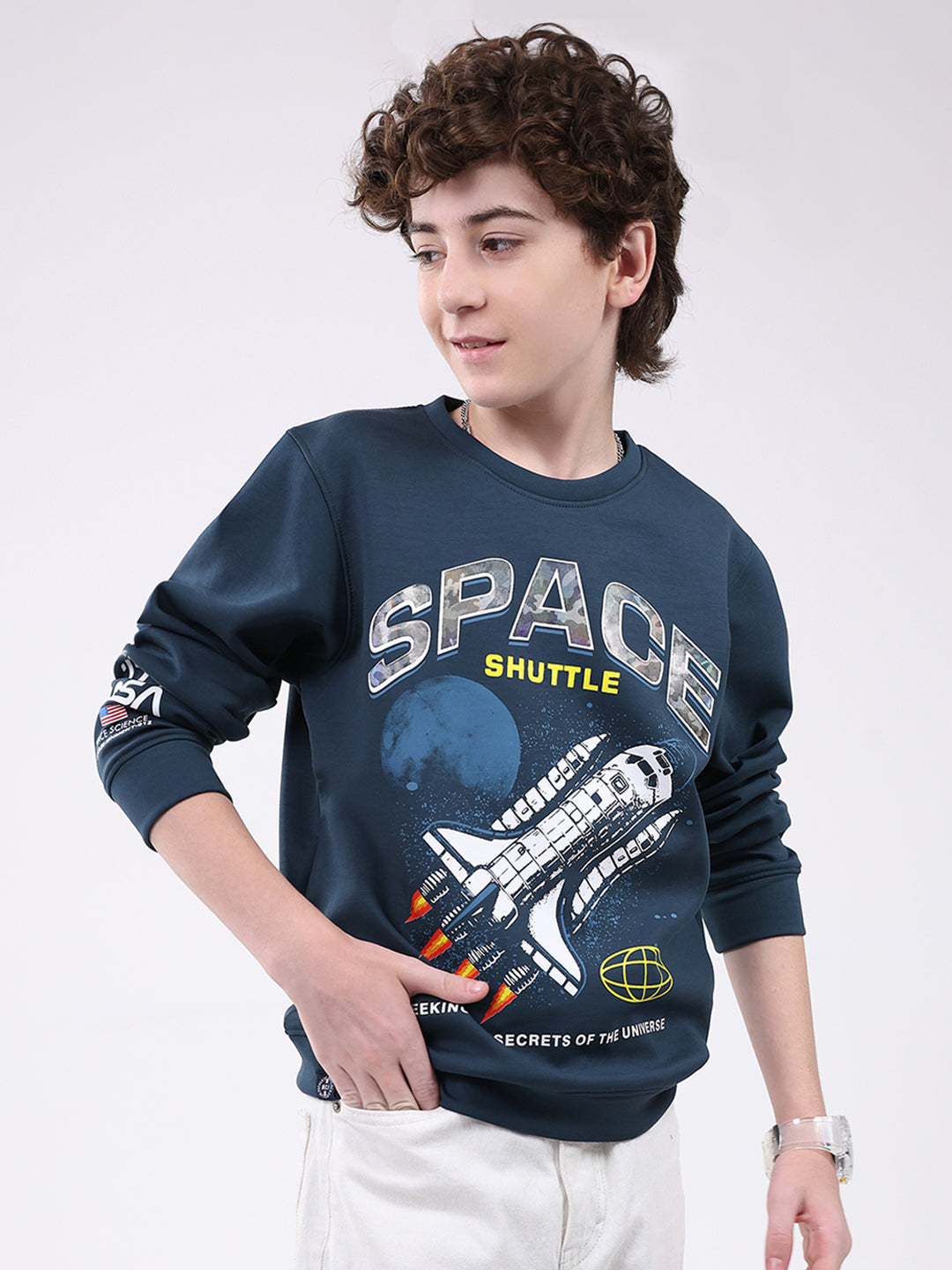 Boys Teal Blue Printed Round Neck Full Sleeve Sweatshirt