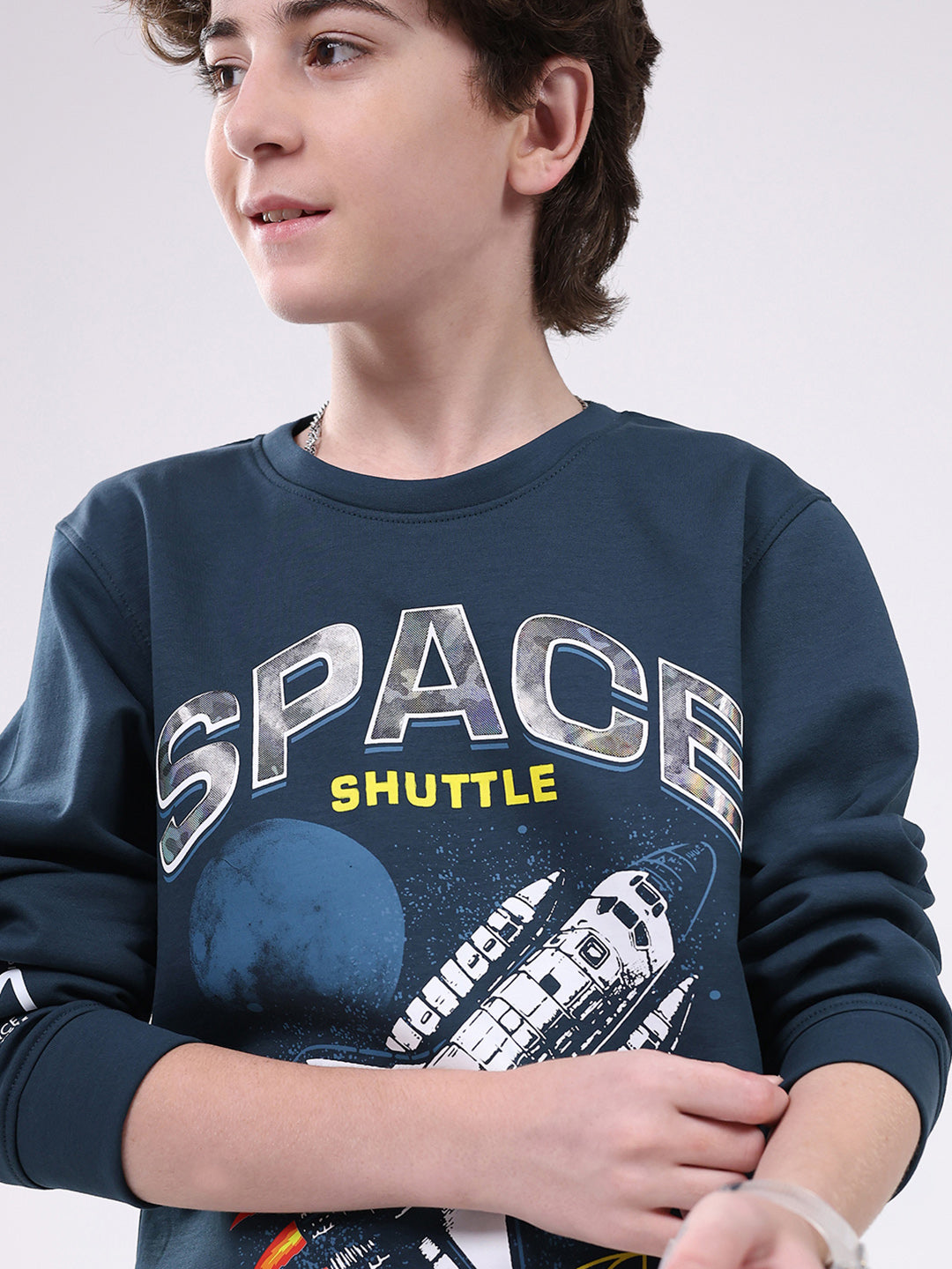 Boys Teal Blue Printed Round Neck Full Sleeve Sweatshirt