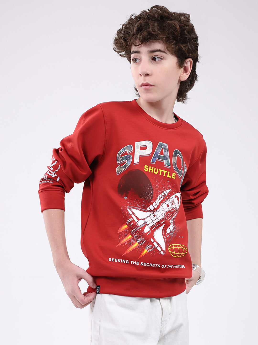 Boys Red Printed Round Neck Full Sleeve Sweatshirt