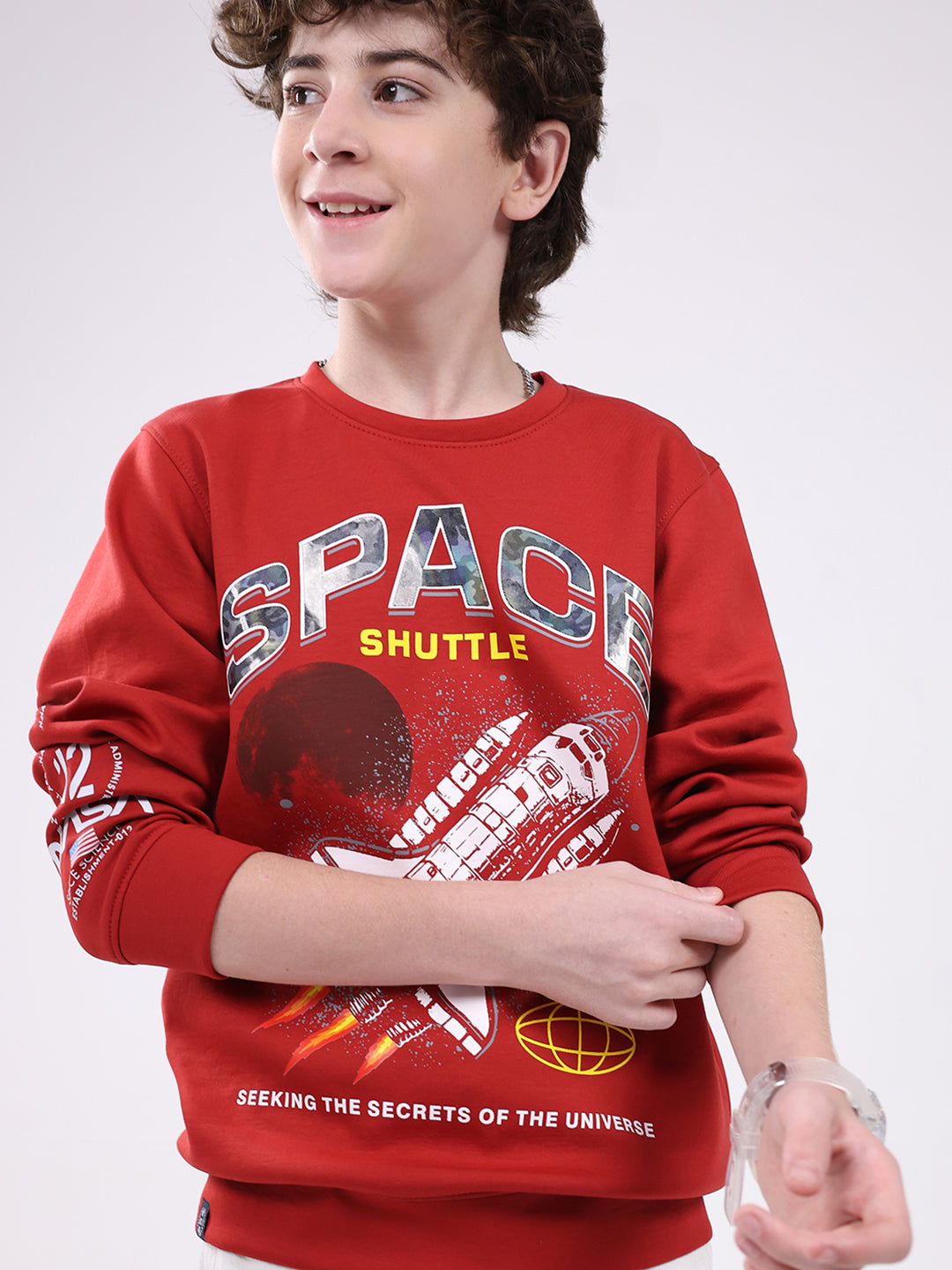 Boys Red Printed Round Neck Full Sleeve Sweatshirt