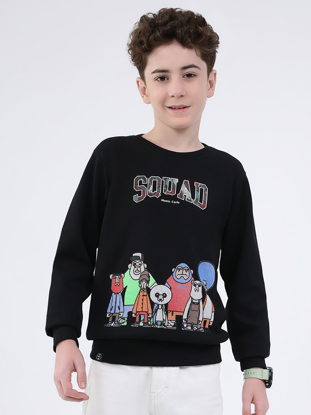 Boys Black Printed Round Neck Full Sleeve Sweatshirt