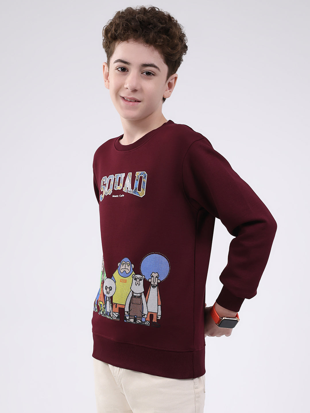 Boys Maroon Printed Round Neck Full Sleeve Sweatshirt