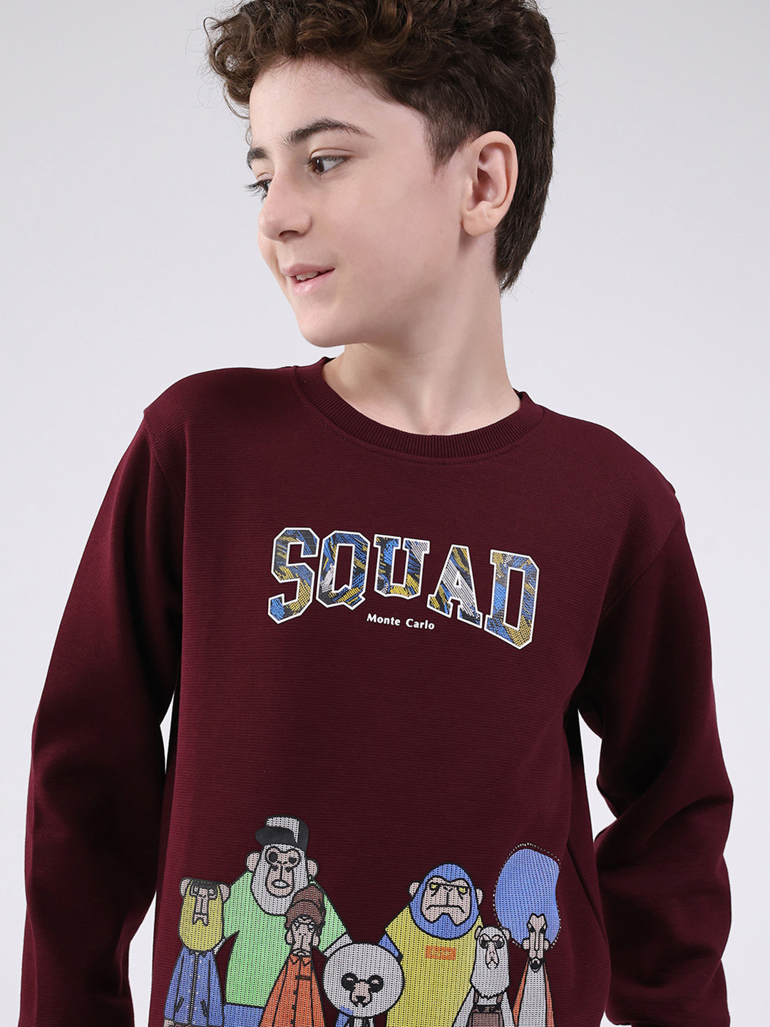 Boys Maroon Printed Round Neck Full Sleeve Sweatshirt