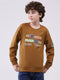 Boys Brown Printed Round Neck Full Sleeve Sweatshirt