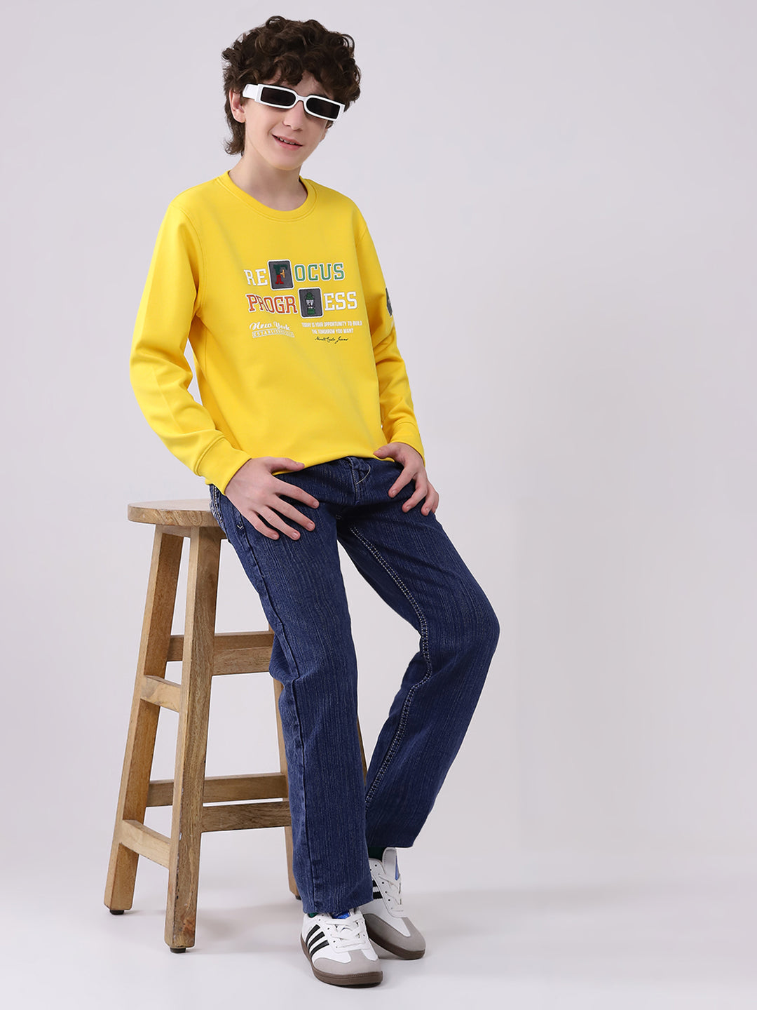 Boys Yellow Printed Round Neck Full Sleeve Sweatshirt