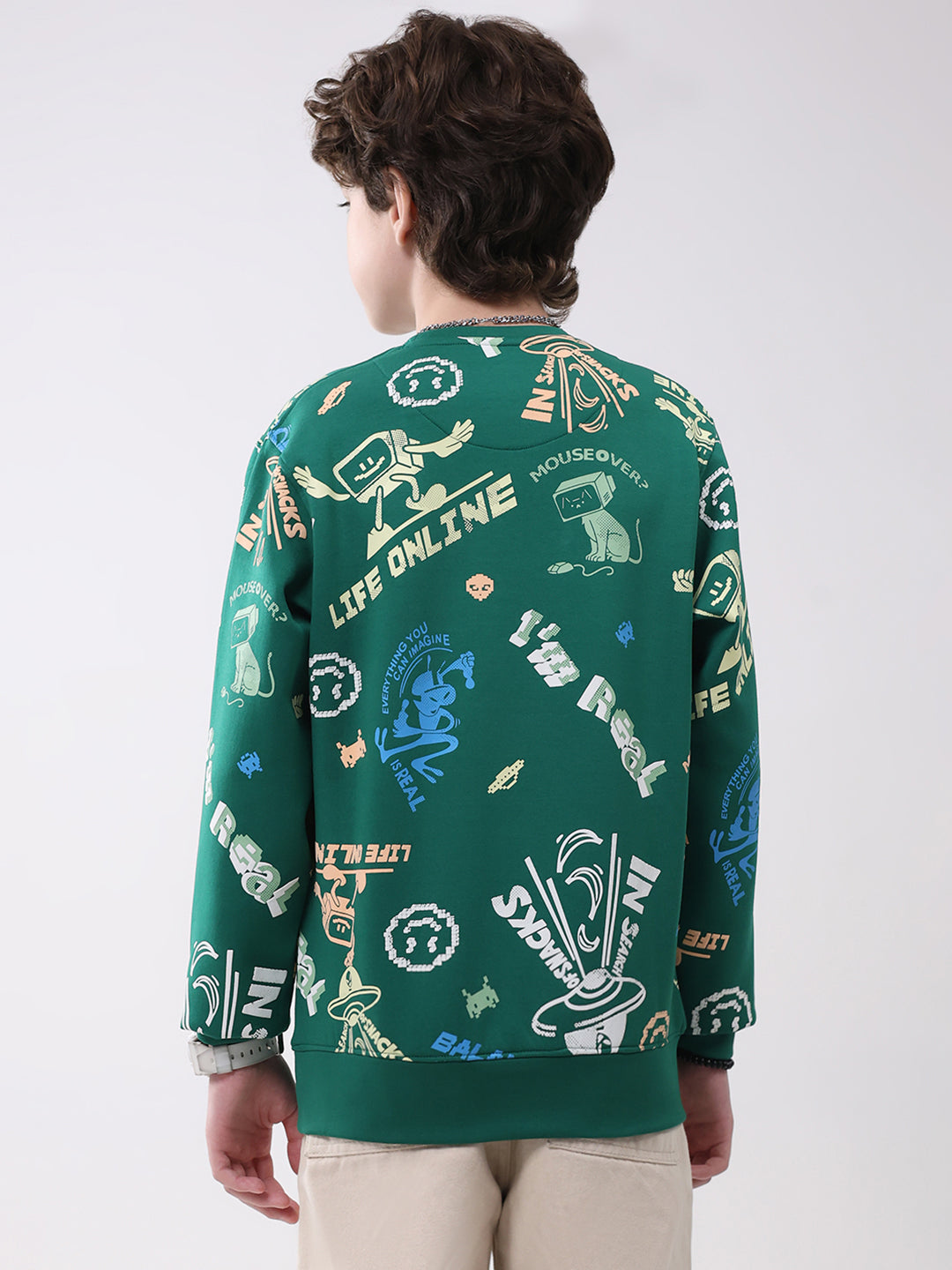 Boys Green Printed Round Neck Full Sleeve Sweatshirt