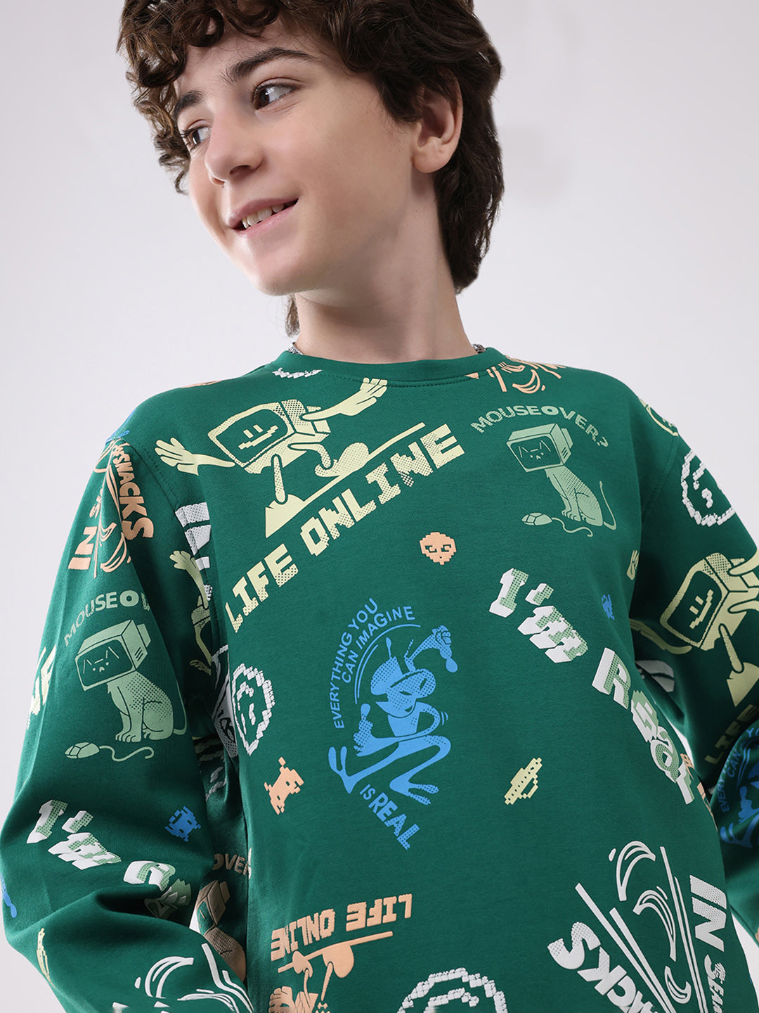 Boys Green Printed Round Neck Full Sleeve Sweatshirt