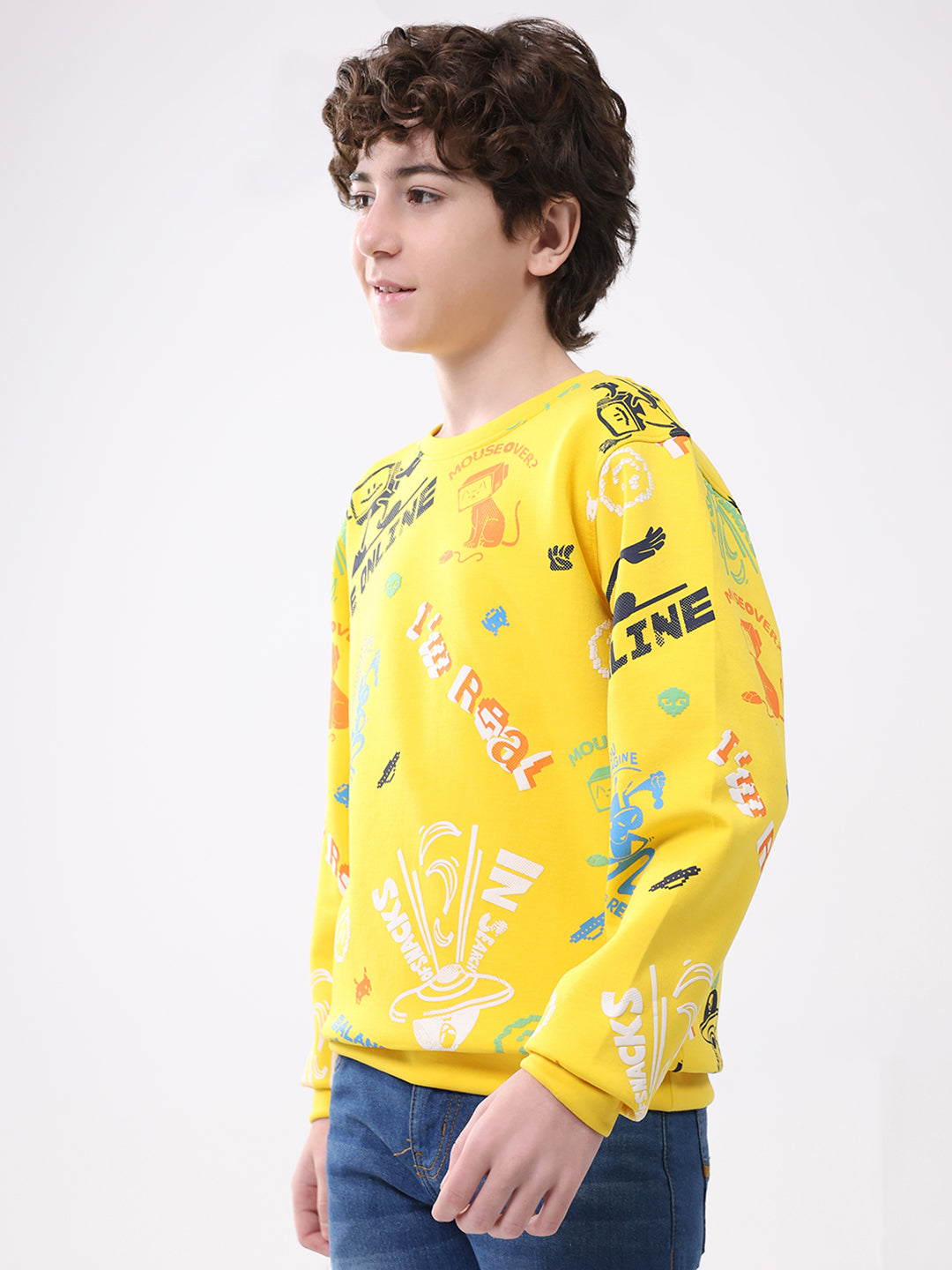 Boys Yellow Printed Round Neck Full Sleeve Sweatshirt