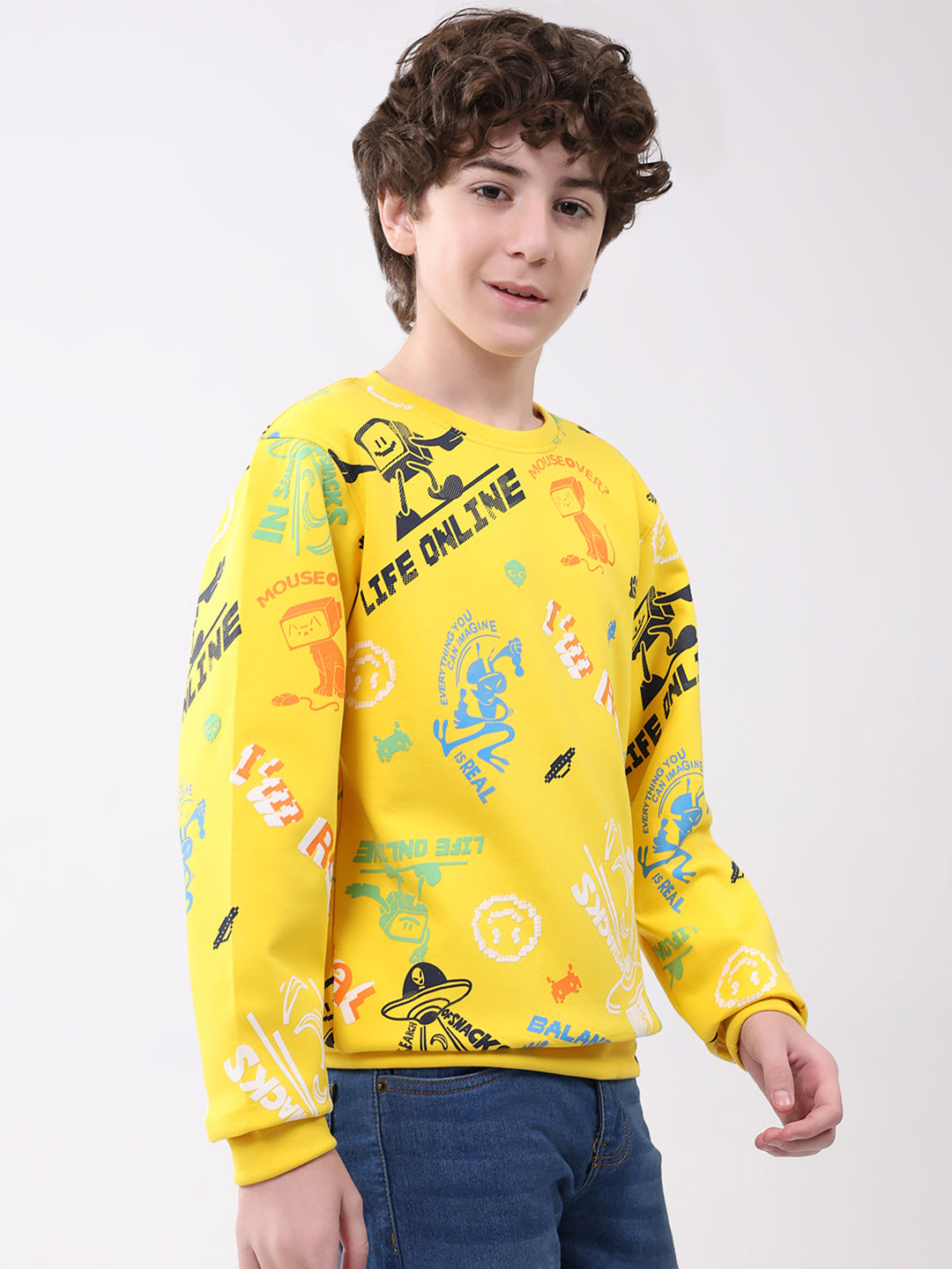 Boys Yellow Printed Round Neck Full Sleeve Sweatshirt