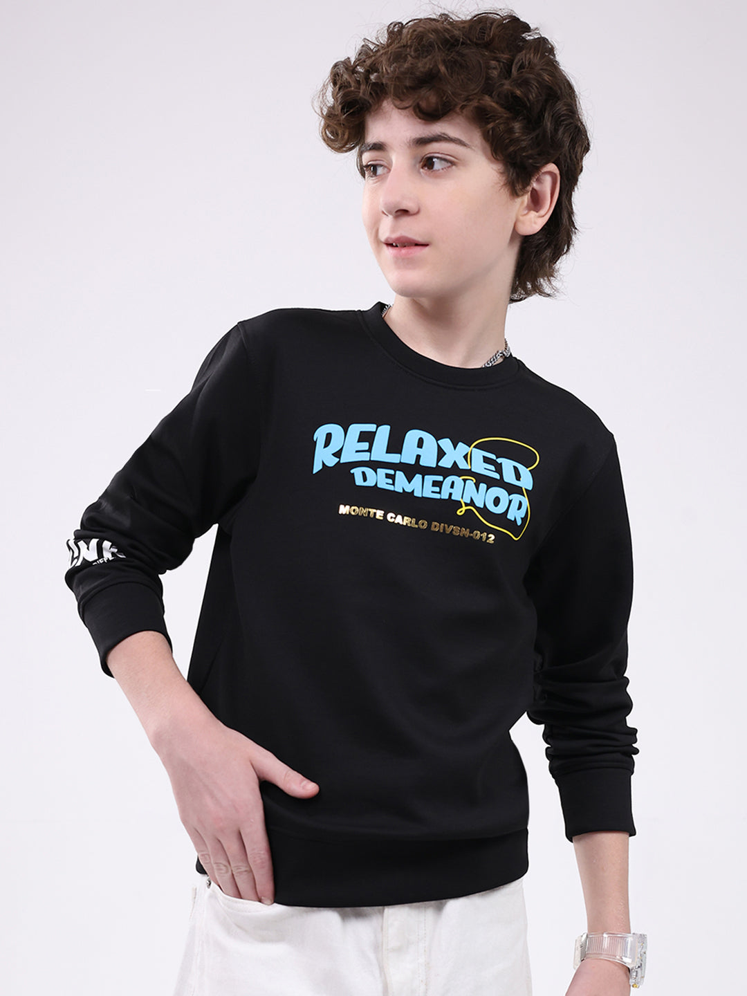 Boys Black Printed Round Neck Full Sleeve Sweatshirt