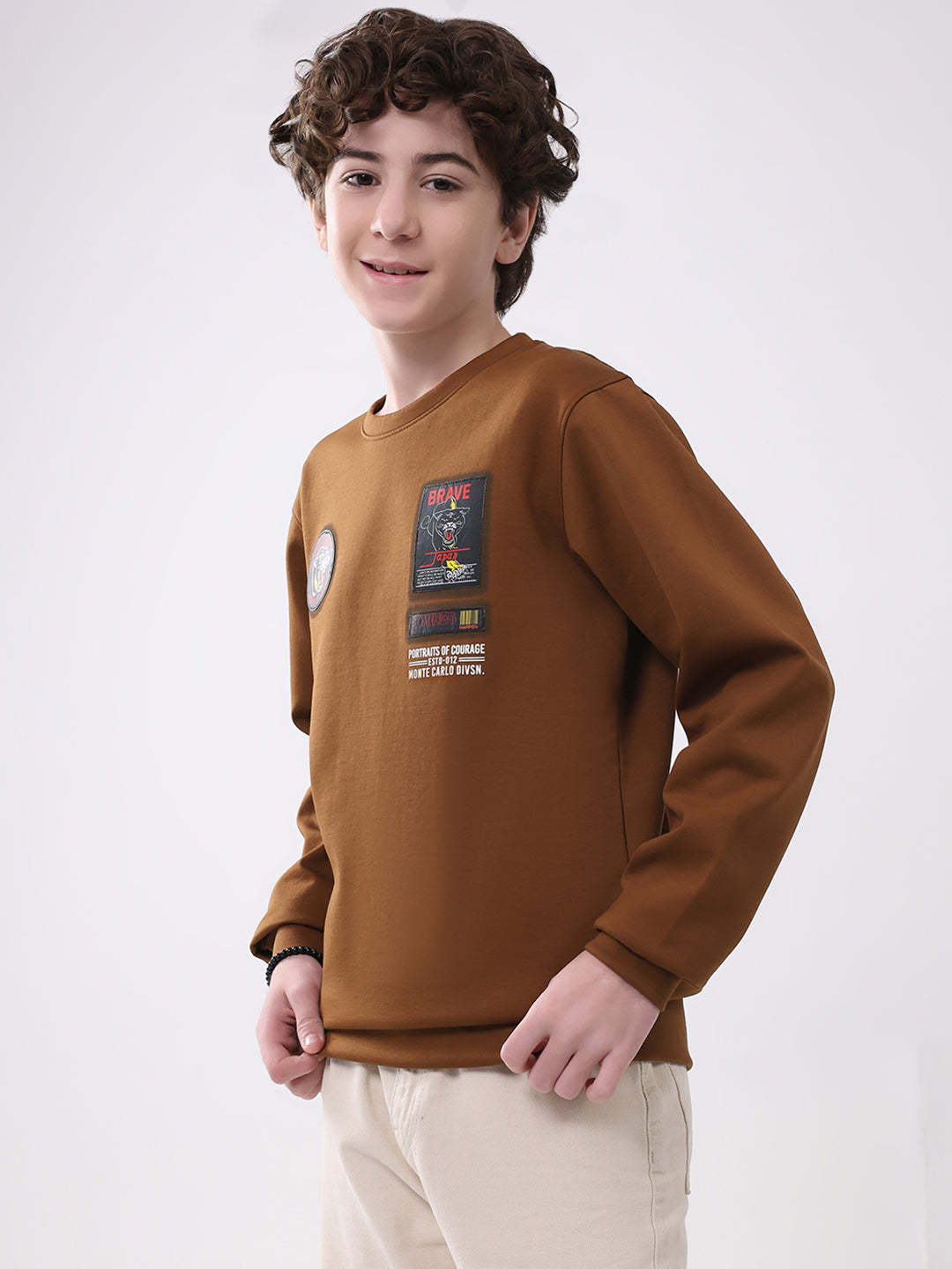 Boys Brown Printed Round Neck Full Sleeve Sweatshirt