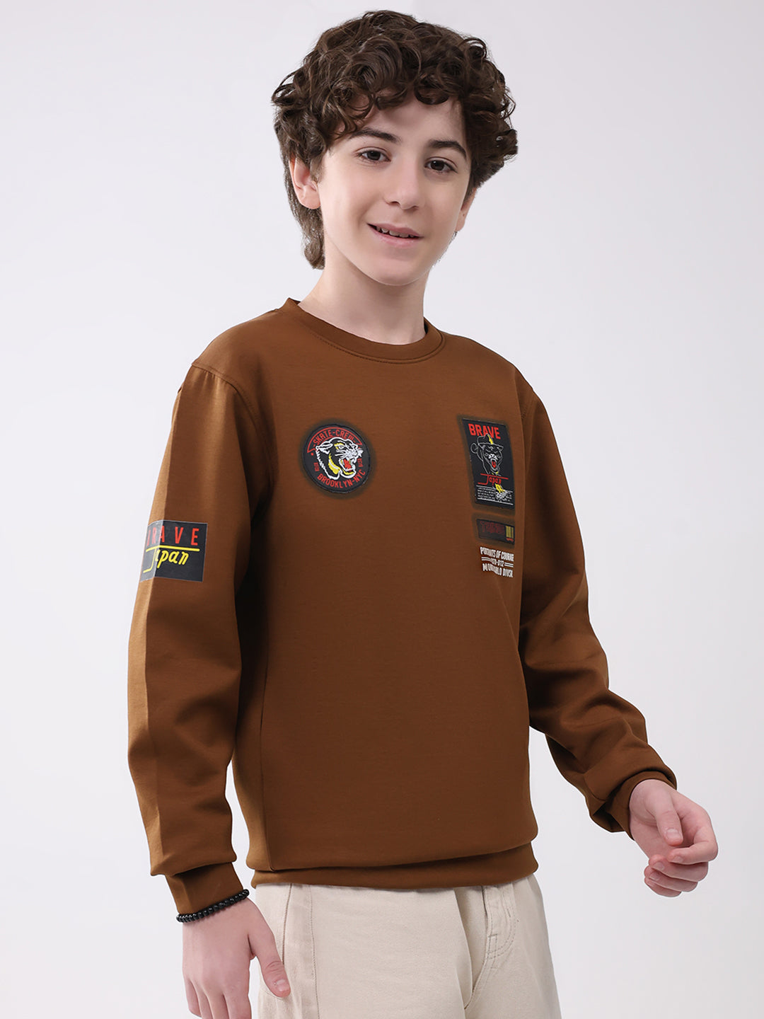 Boys Brown Printed Round Neck Full Sleeve Sweatshirt