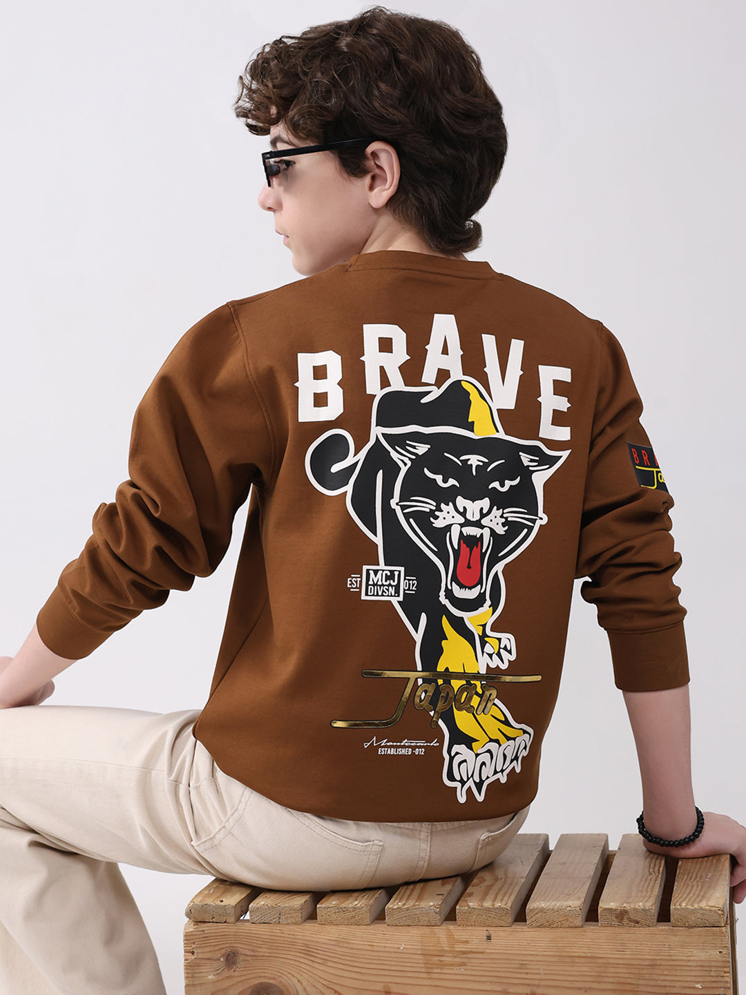 Boys Brown Printed Round Neck Full Sleeve Sweatshirt