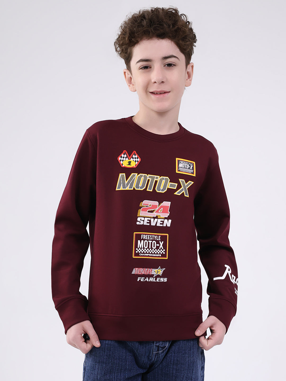 Boys Maroon Printed Round Neck Full Sleeve Sweatshirt