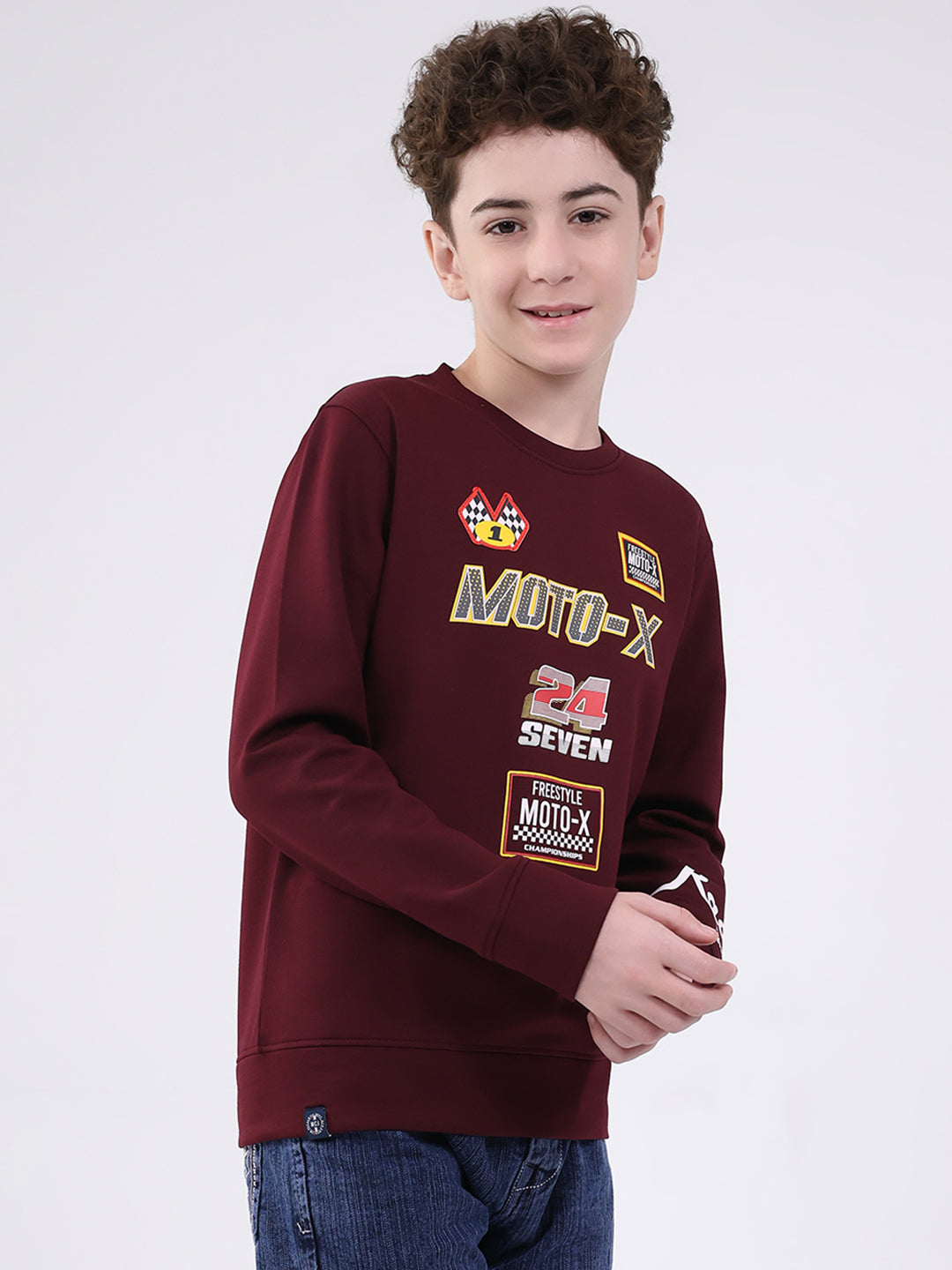 Boys Maroon Printed Round Neck Full Sleeve Sweatshirt