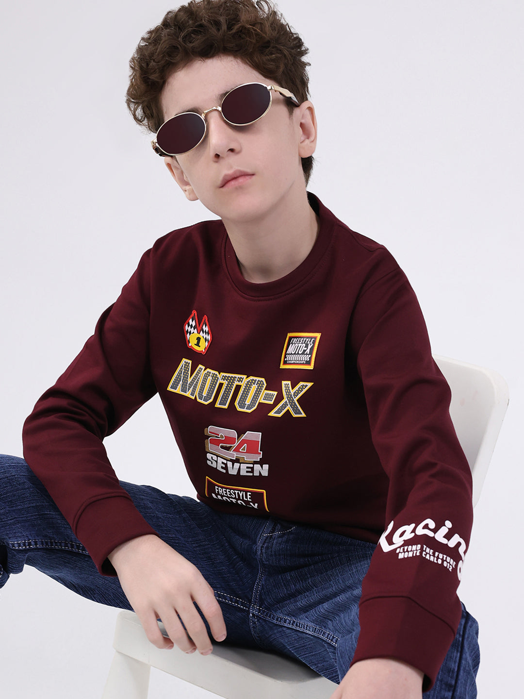 Boys Maroon Printed Round Neck Full Sleeve Sweatshirt