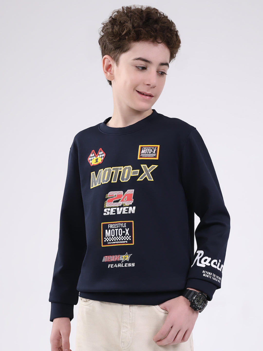 Boys Navy Blue Printed Round Neck Full Sleeve Sweatshirt