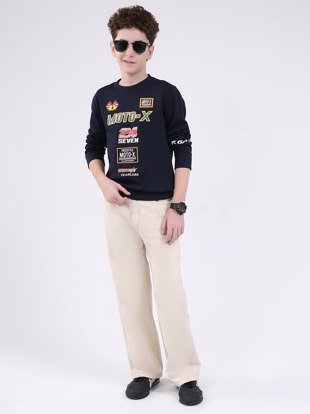 Boys Navy Blue Printed Round Neck Full Sleeve Sweatshirt