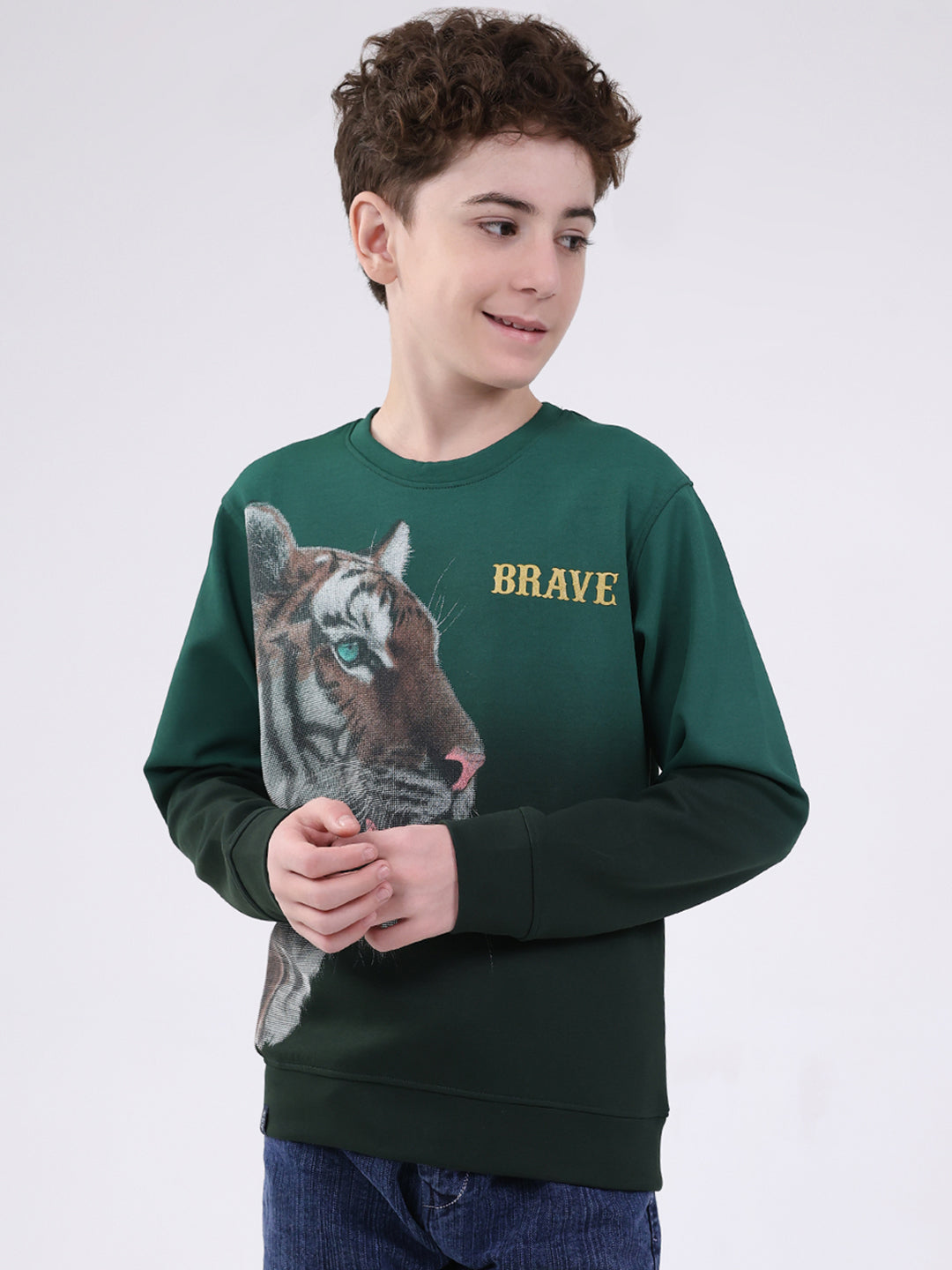Boys Green Printed Round Neck Full Sleeve Sweatshirt