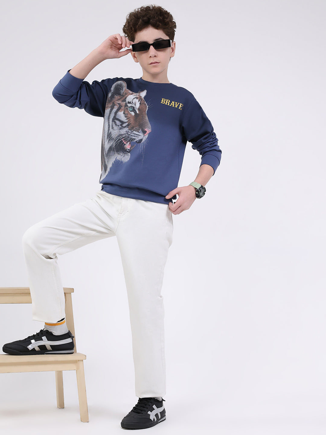 Boys Navy Blue Printed Round Neck Full Sleeve Sweatshirt