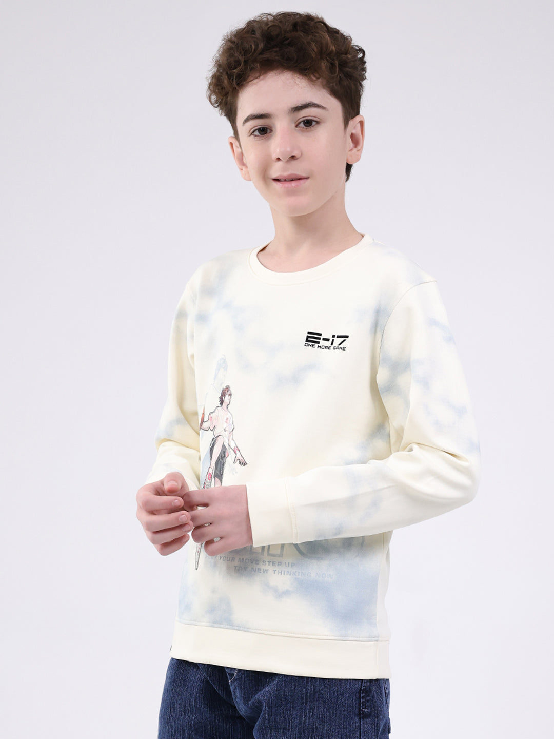 Boys Off White Printed Round Neck Full Sleeve Sweatshirt