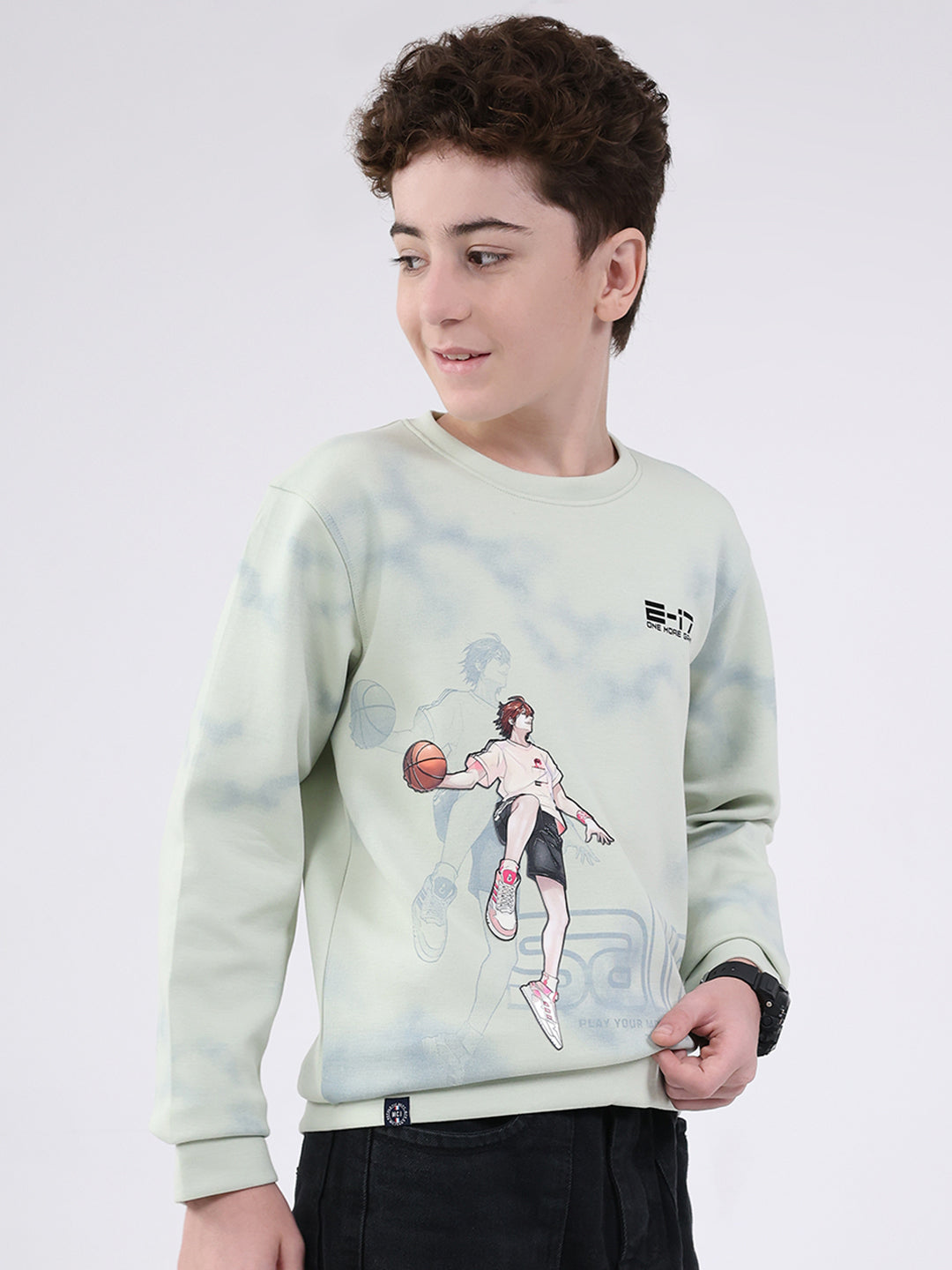 Boys Green Printed Round Neck Full Sleeve Sweatshirt