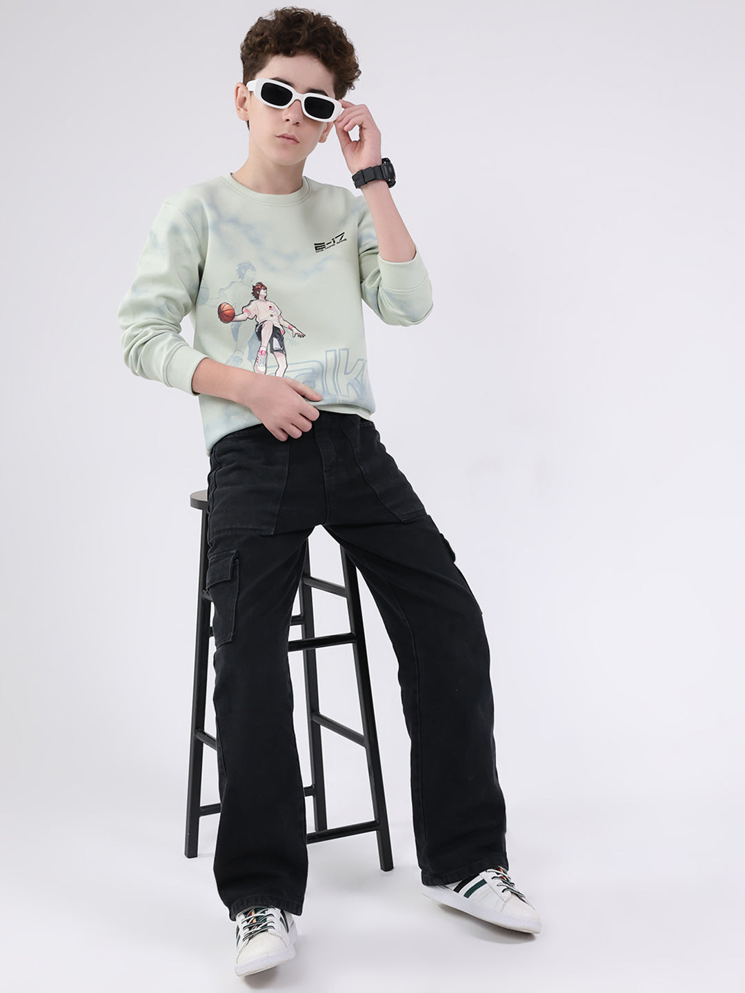 Boys Green Printed Round Neck Full Sleeve Sweatshirt