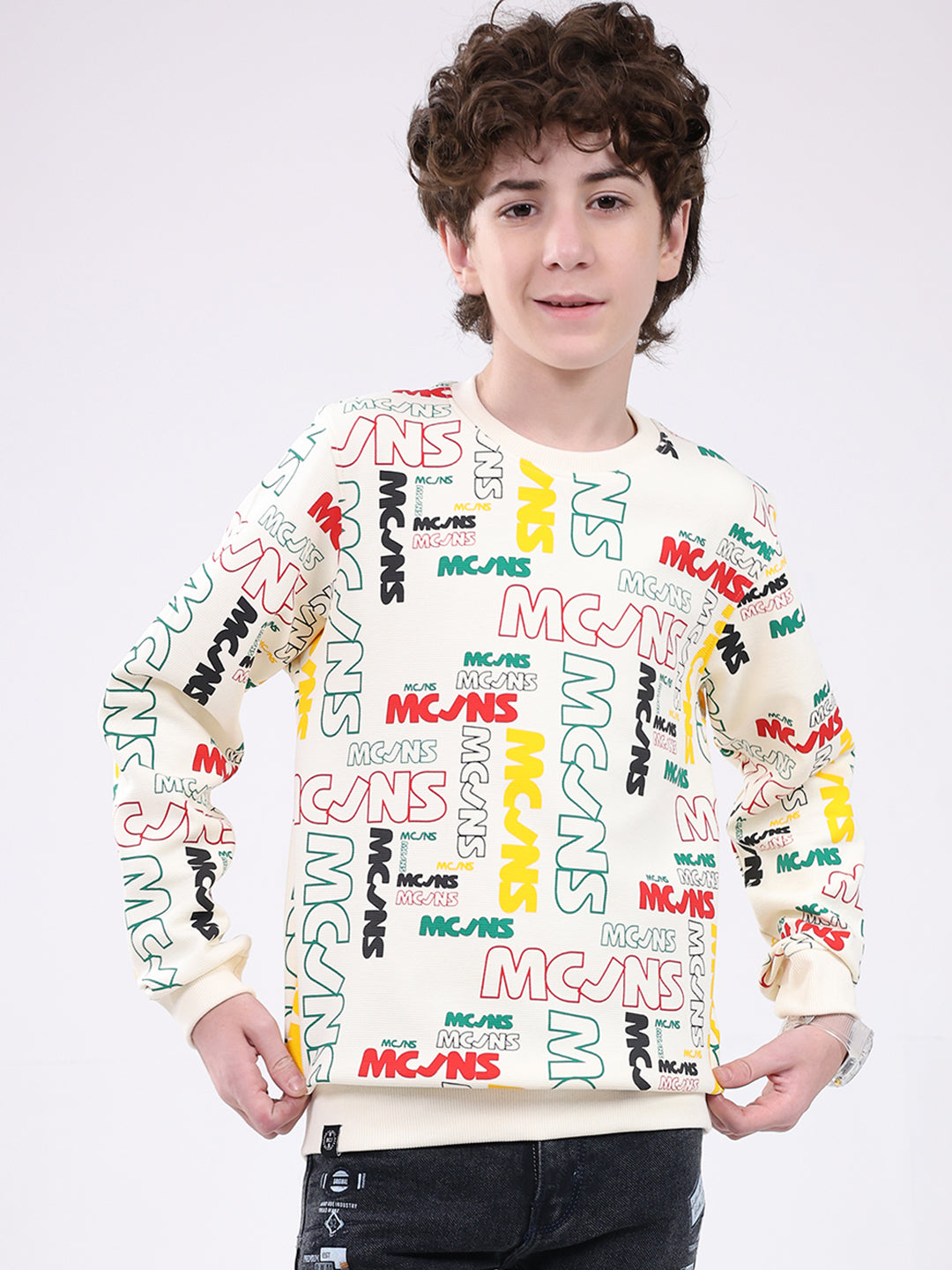 Boys Cream Printed Round Neck Full Sleeve Sweatshirt