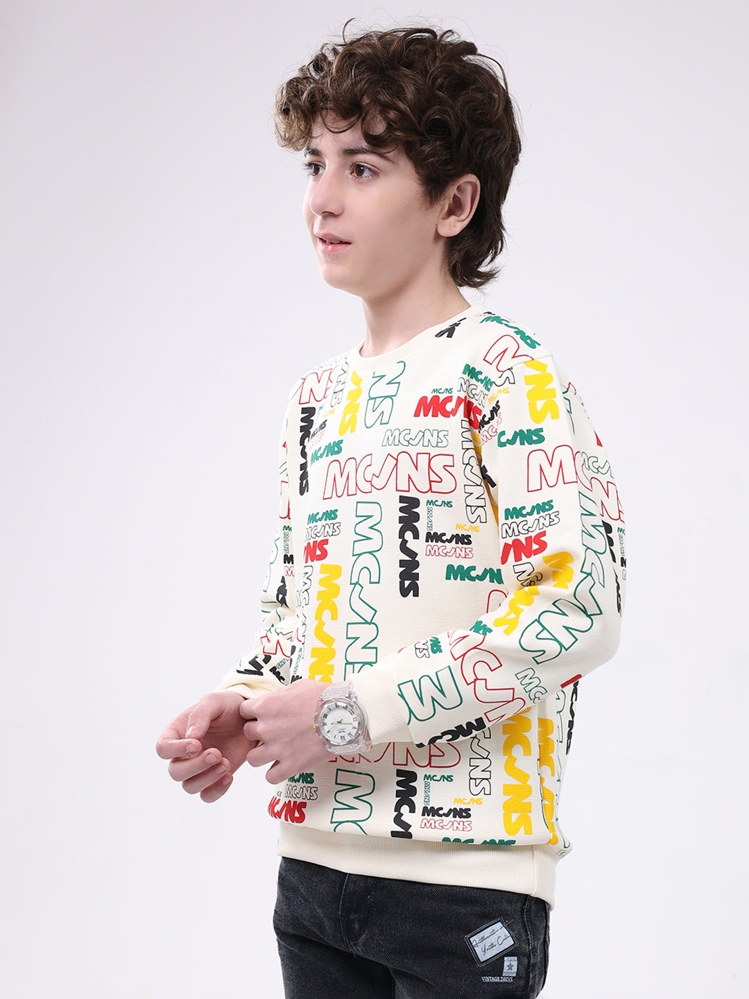 Boys Cream Printed Round Neck Full Sleeve Sweatshirt