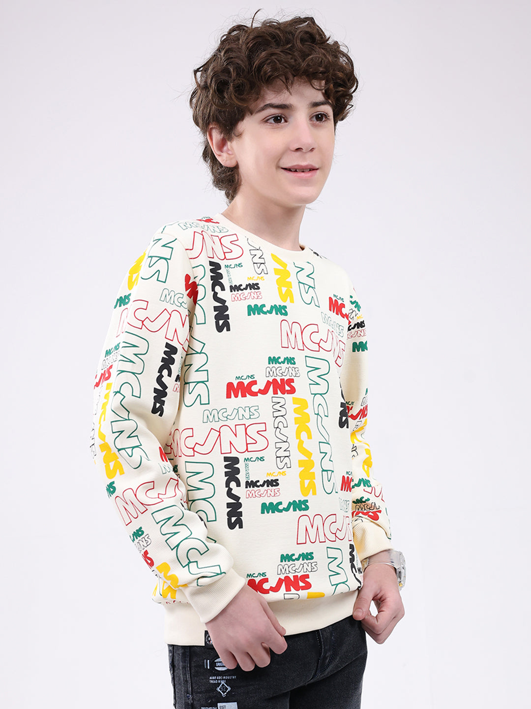 Boys Cream Printed Round Neck Full Sleeve Sweatshirt