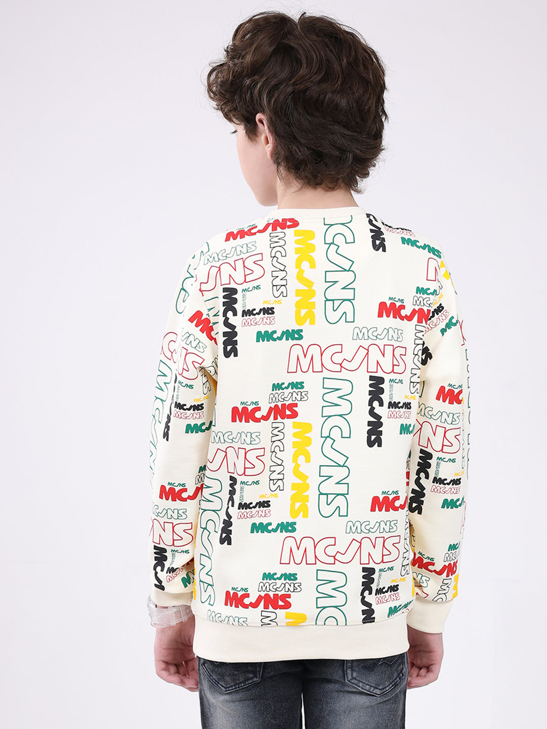 Boys Cream Printed Round Neck Full Sleeve Sweatshirt