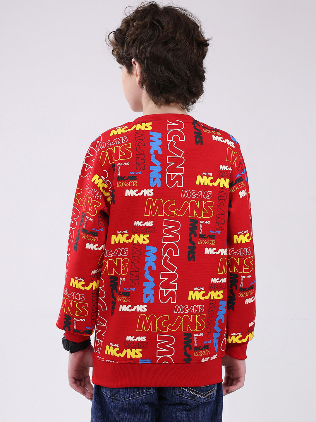 Boys Red Printed Round Neck Full Sleeve Sweatshirt