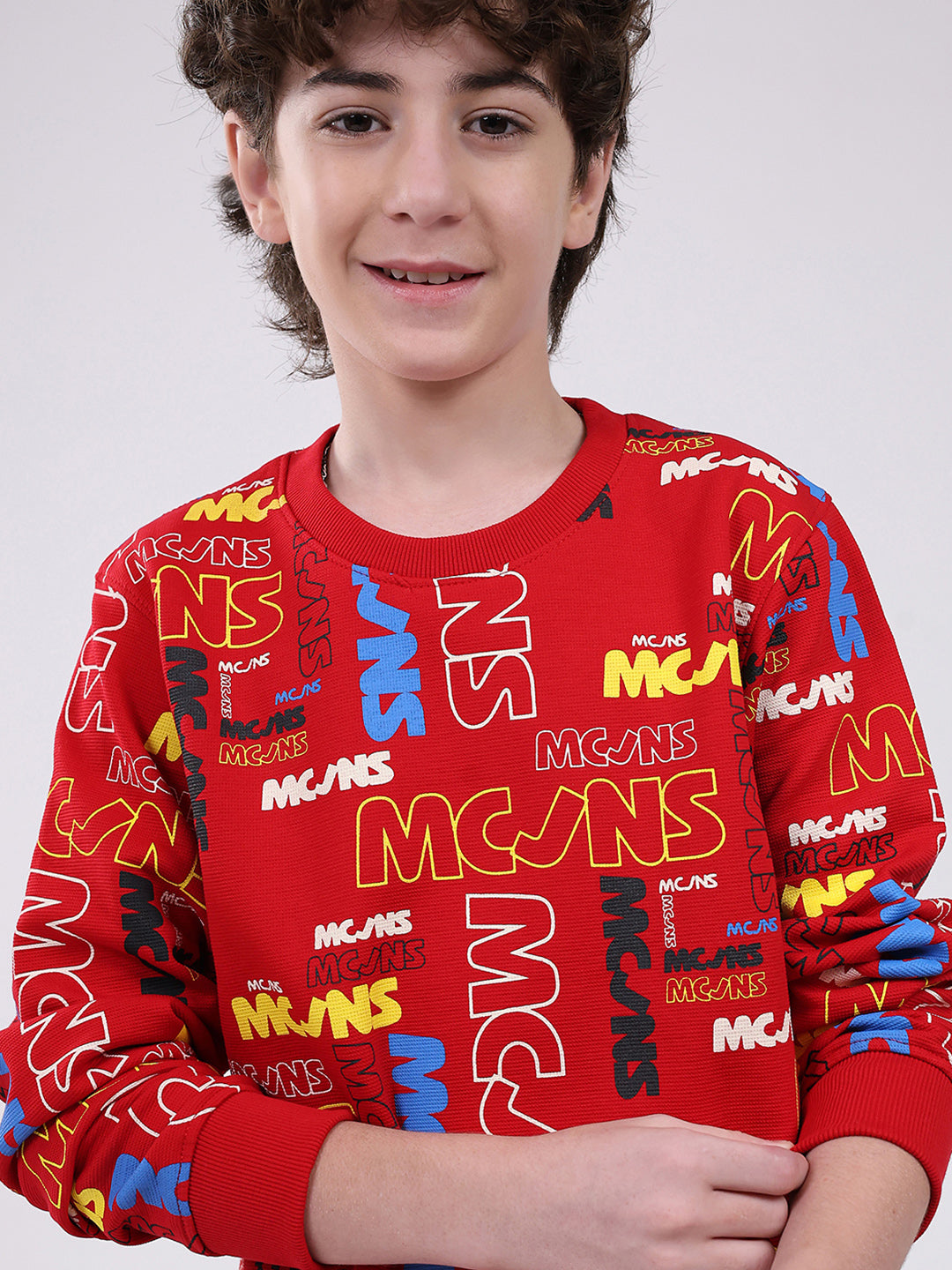 Boys Red Printed Round Neck Full Sleeve Sweatshirt