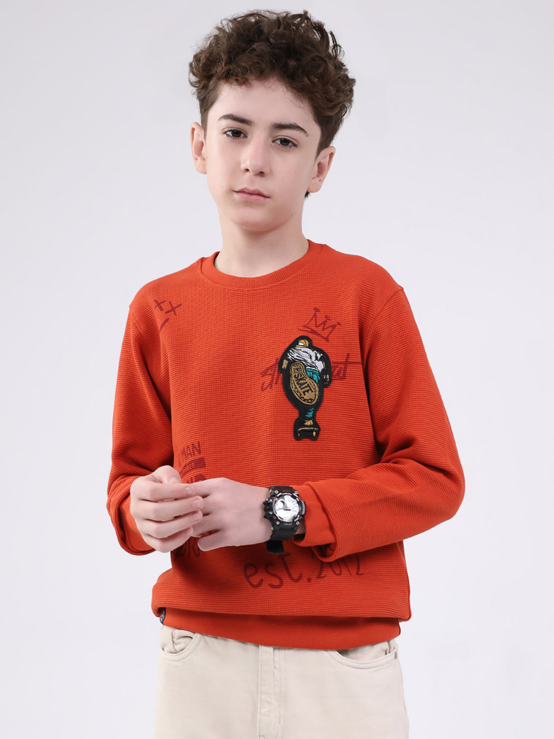 Boys Orange Printed Round Neck Full Sleeve Sweatshirt