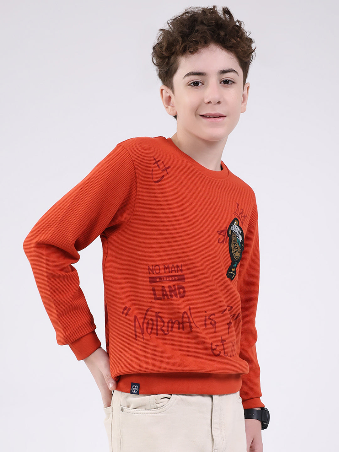 Boys Orange Printed Round Neck Full Sleeve Sweatshirt