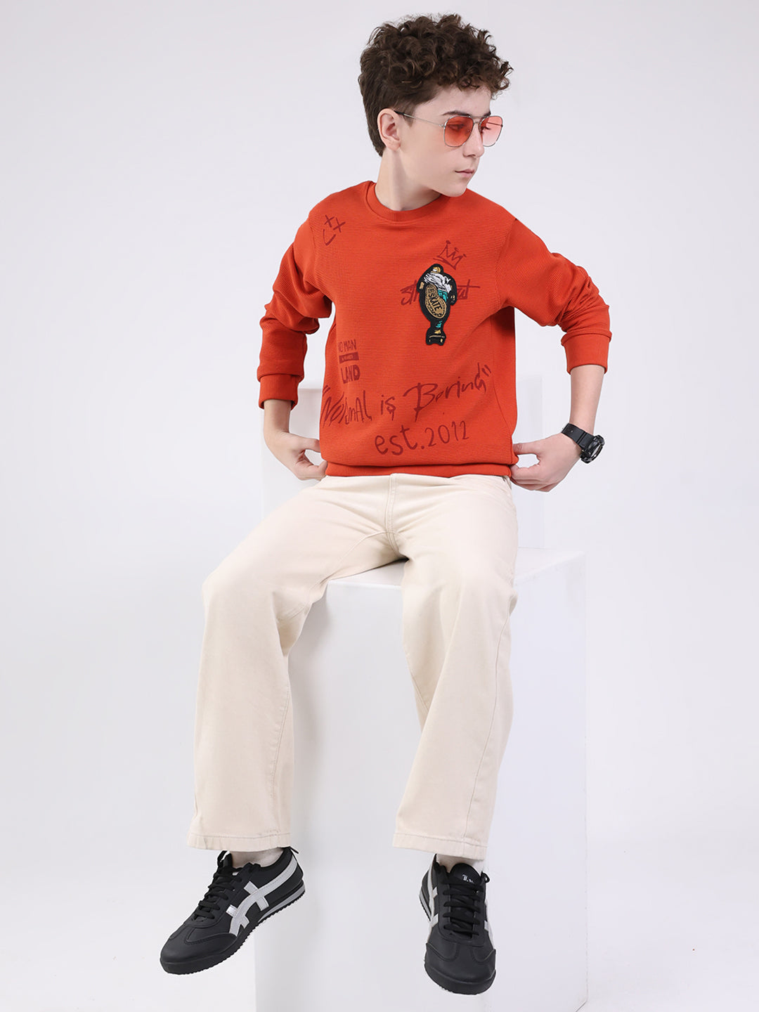 Boys Orange Printed Round Neck Full Sleeve Sweatshirt