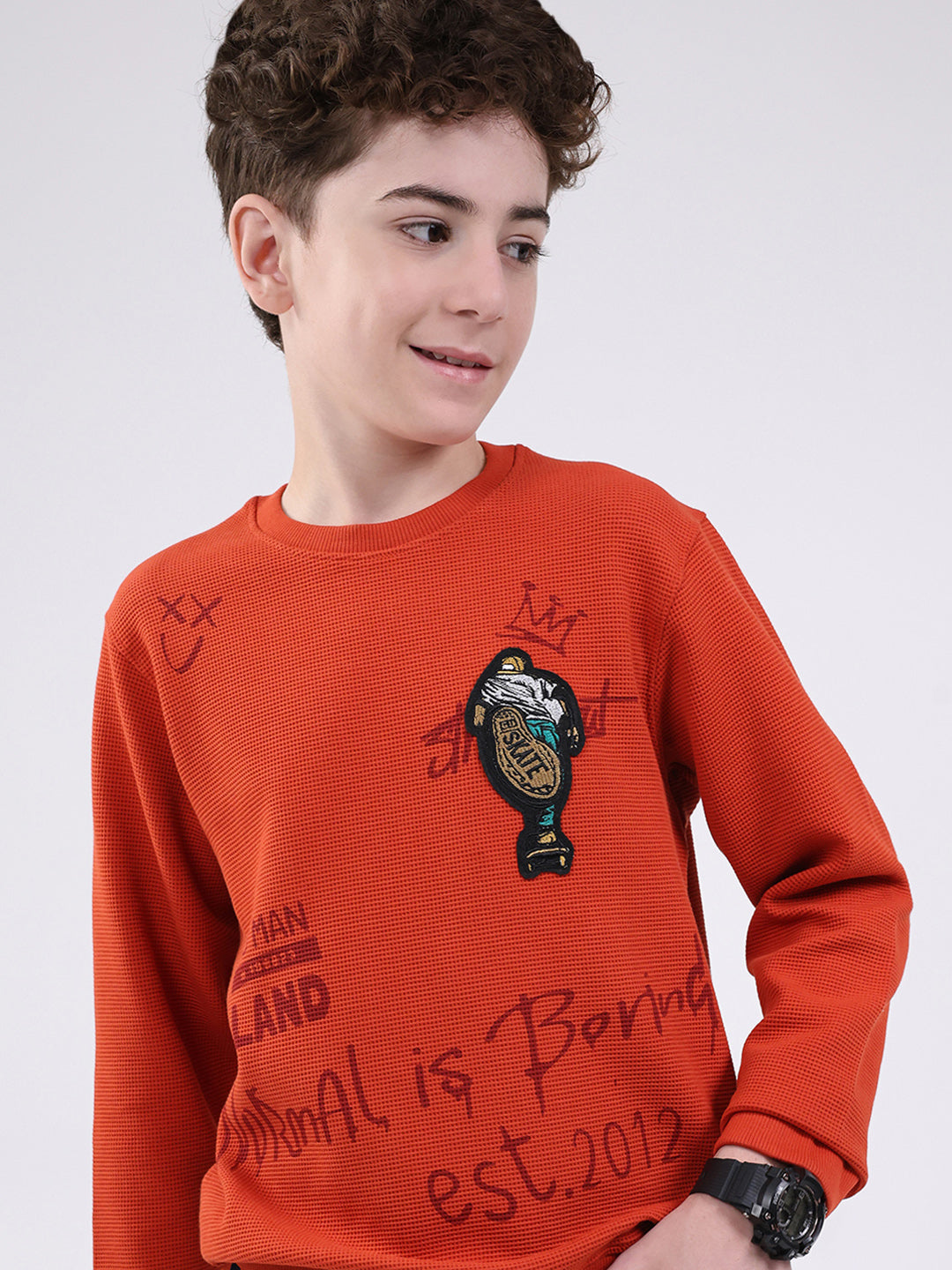 Boys Orange Printed Round Neck Full Sleeve Sweatshirt