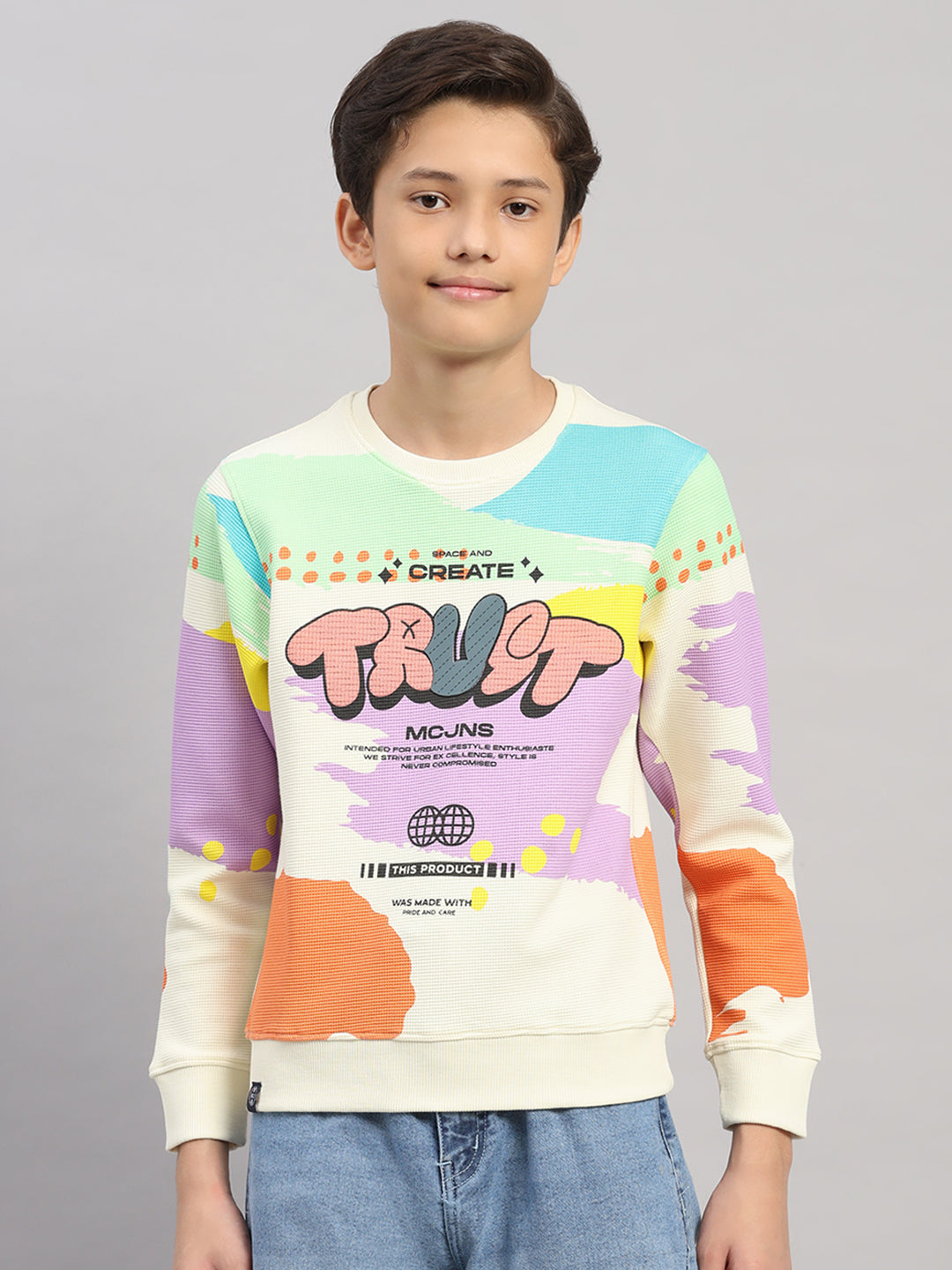 Boys Off White Printed Round Neck Full Sleeve Sweatshirt