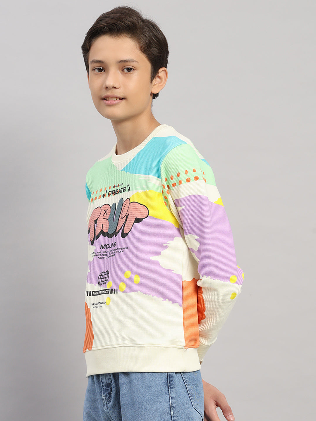 Boys Off White Printed Round Neck Full Sleeve Sweatshirt
