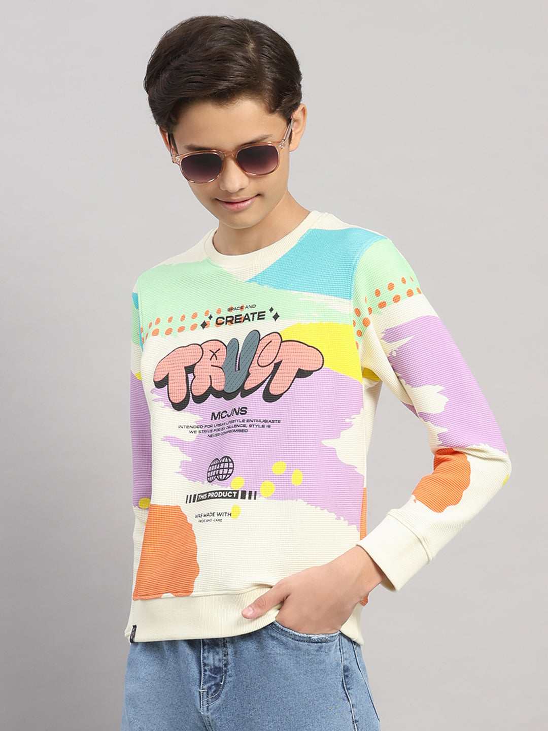 Boys Off White Printed Round Neck Full Sleeve Sweatshirt