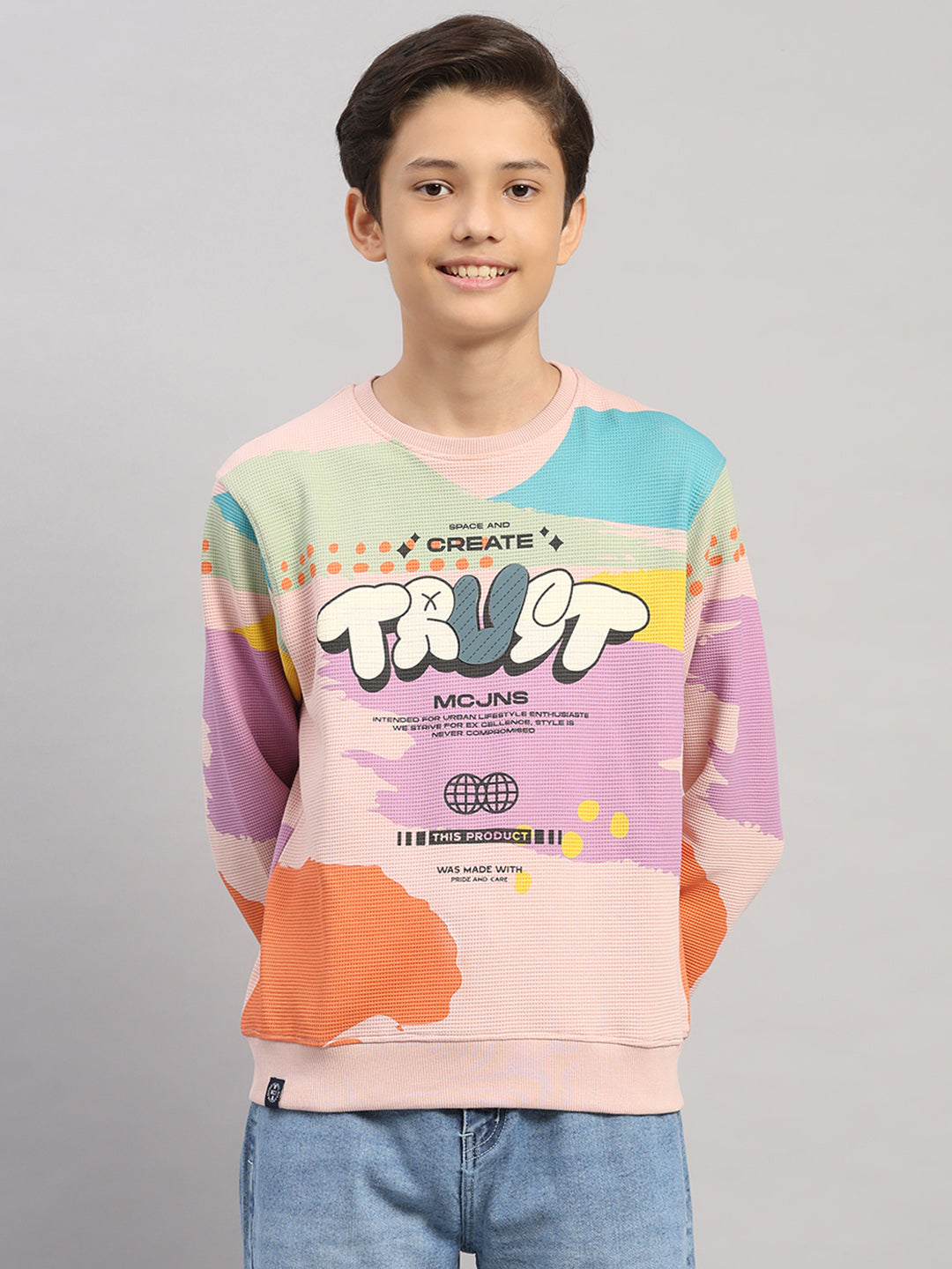 Boys Pink Printed Round Neck Full Sleeve Sweatshirt