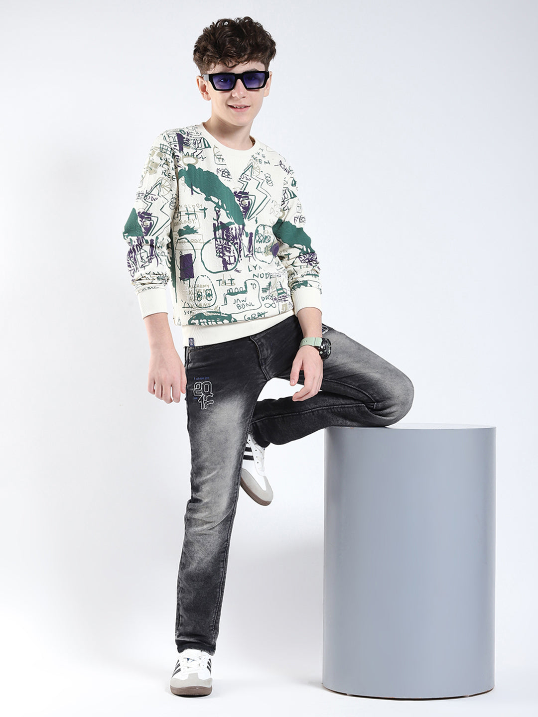 Boys Green Printed Round Neck Full Sleeve Sweatshirt