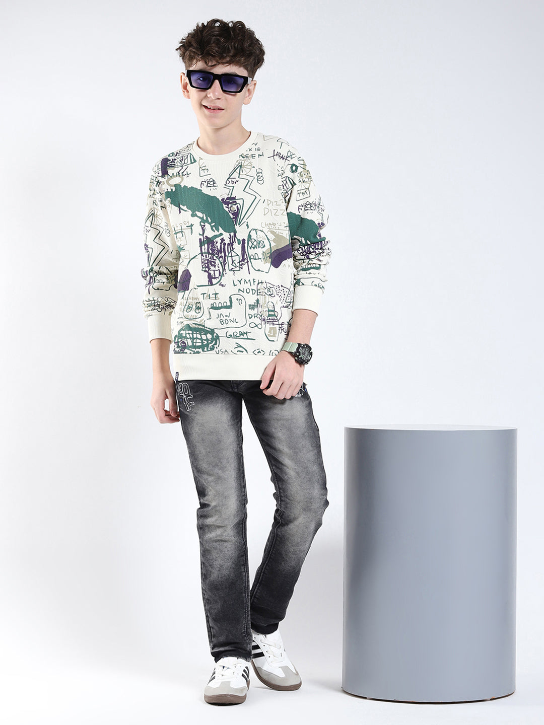 Boys Green Printed Round Neck Full Sleeve Sweatshirt