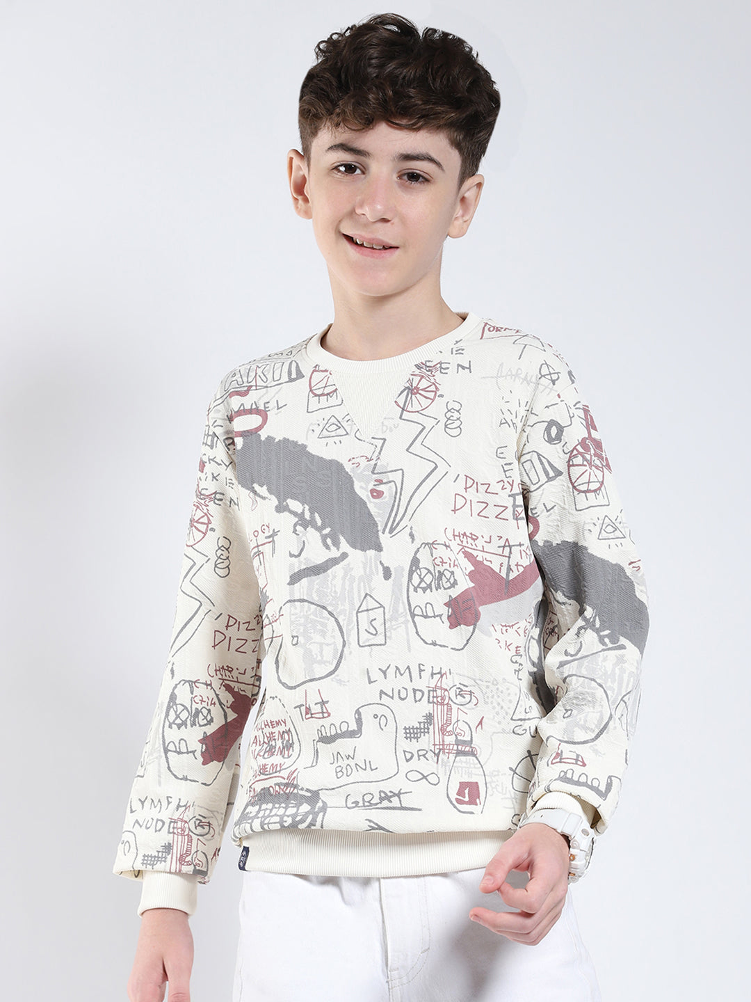 Boys Maroon Printed Round Neck Full Sleeve Sweatshirt