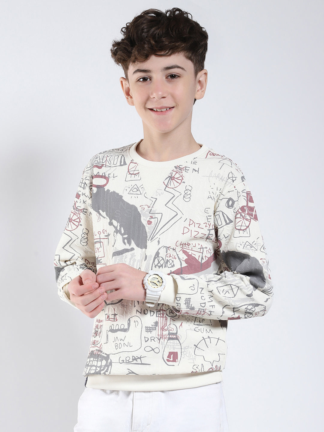 Boys Maroon Printed Round Neck Full Sleeve Sweatshirt