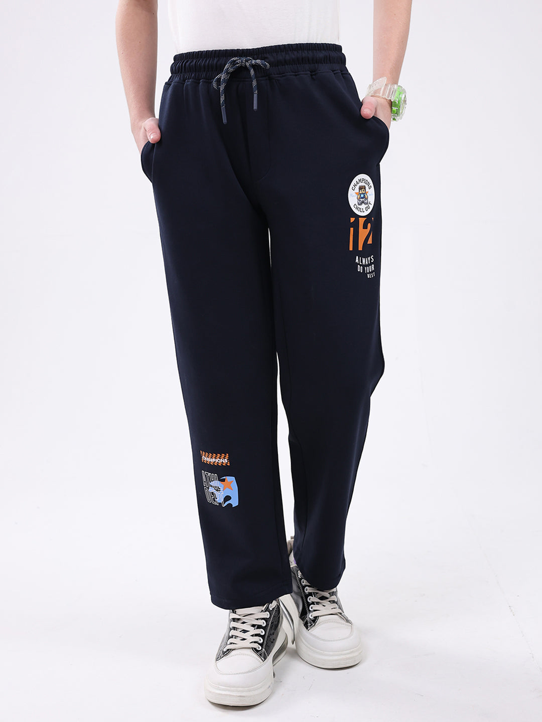 Boys Navy Blue Printed Regular Fit Lower